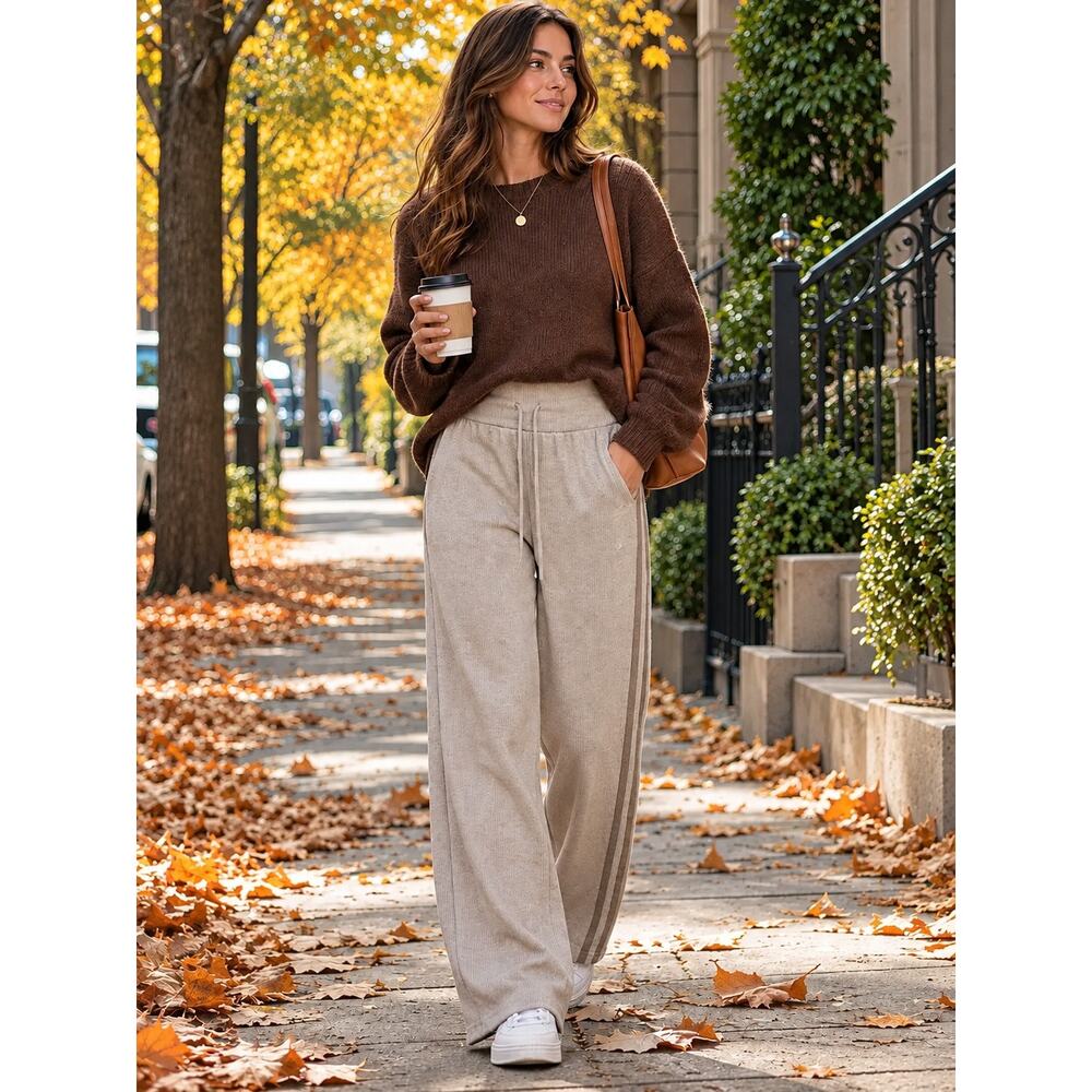 Halara Ribbed High Waisted Tummy Control Drawstring Wide Leg Beige Trousers XS